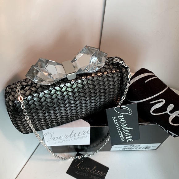 Judith Leiber Overture Hard Shell Woven Silver Black Leather Lucite Bow Clutch - Picture 9 of 16
